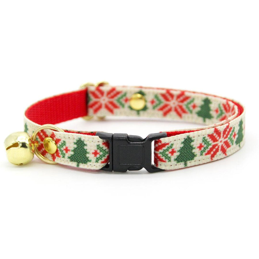 Nordic Cat Collar - "Fair Isle - Christmas" - Holiday Sweater Cat Collar / Alpine, Pine Tree / Breakaway Buckle or Non-Breakaway / Cat, Kitten + Small Dog Sizes