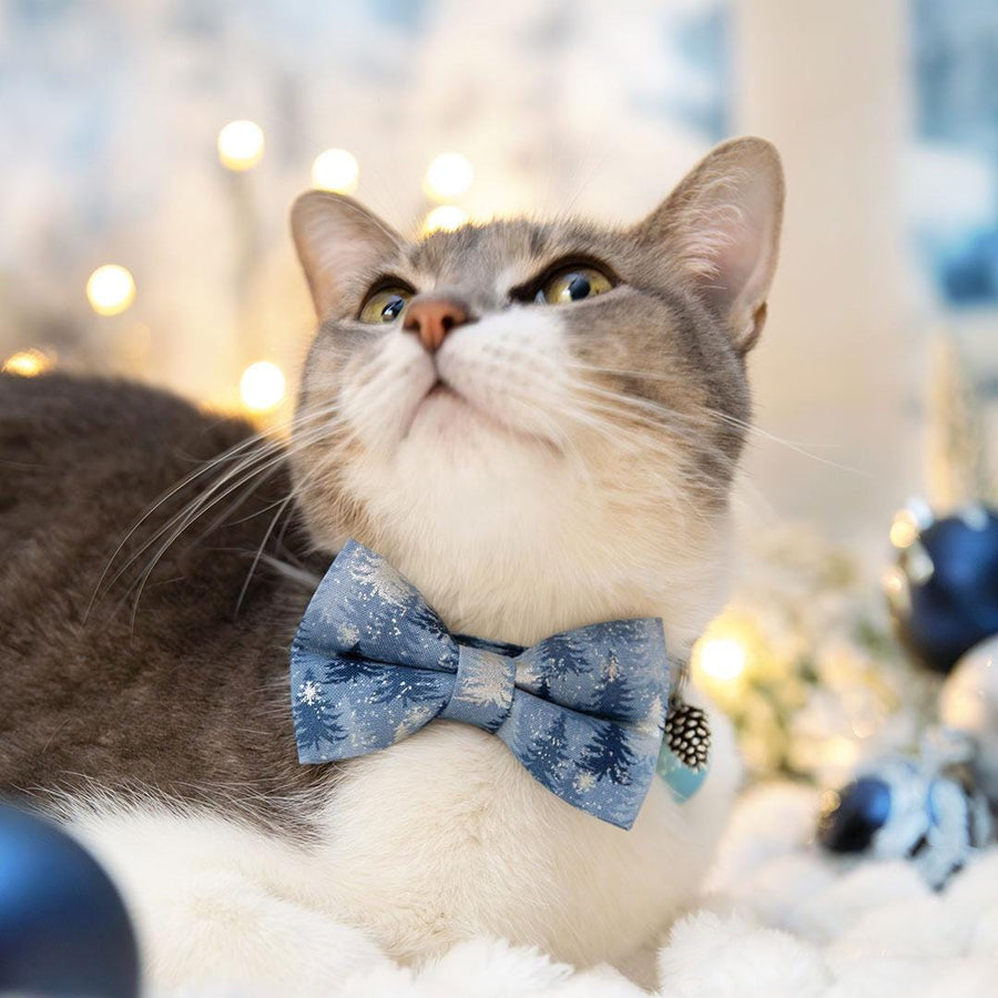 Winter Bow Tie Cat Collar Set - "Blue Spruce" - Mountain Forest Pine Tree Silver & Blue Cat Collar with Bow Tie / Solstice / Cat, Kitten, Small Dog Sizes