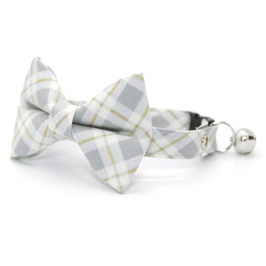 Bow Tie Cat Collar Set - "Earl Grey" - Light Gray Plaid Cat Collar with Bow Tie / Winter, Wedding, Neutral / Cat, Kitten, Small Dog Sizes