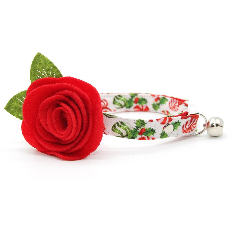 Peppermint Cat Collar + Flower Set - "Sweets & Treats" - Christmas Candy Cat Collar w/ Scarlet Felt Flower (Detachable) / Cat, Kitten + Small Dog Sizes
