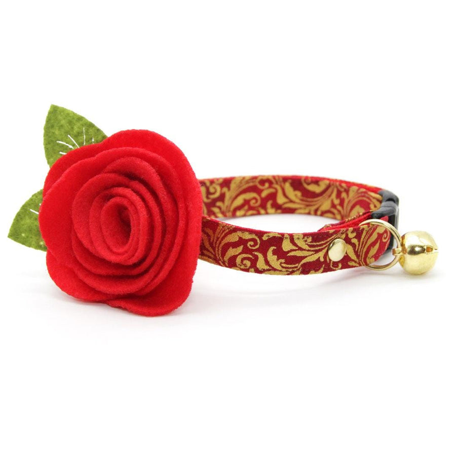 Regal Cat Collar + Flower Set - "Royal Ruby" - Red & Gold Cat Collar + Scarlet Felt Flower (Detachable) / Cat, Kitten + Small Dog Sizes