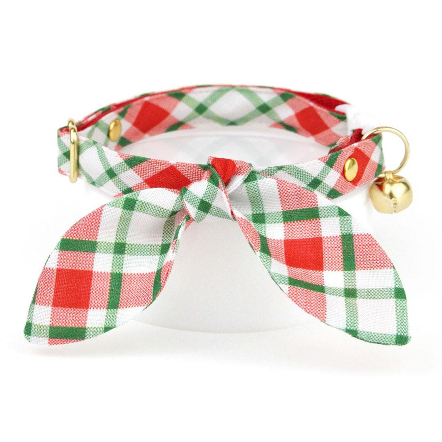 Cat Collar and Bunny Ear Bow Set - "Jolly Plaid" - Red & Green Christmas Plaid Cat Collar w/ Matching Bunny Bow Tie / Tie-On Scarf / Cat, Kitten + Small Dog Sizes