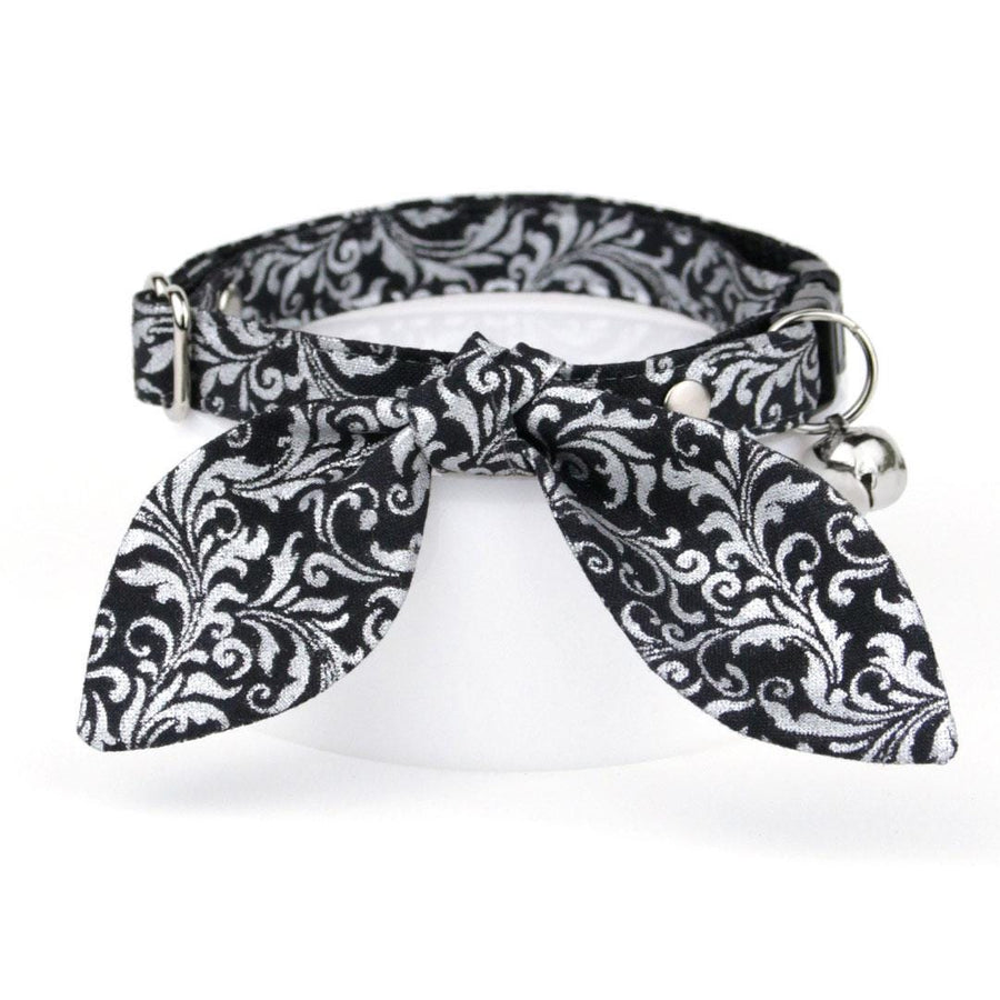 Cat Collar and Bunny Ear Bow Set - "Royal Sterling" - Regal Black & Silver Cat Collar w/ Matching Bunny Bow Tie / Tie-On Scarf / Wedding, New Years / Cat, Kitten + Small Dog Sizes