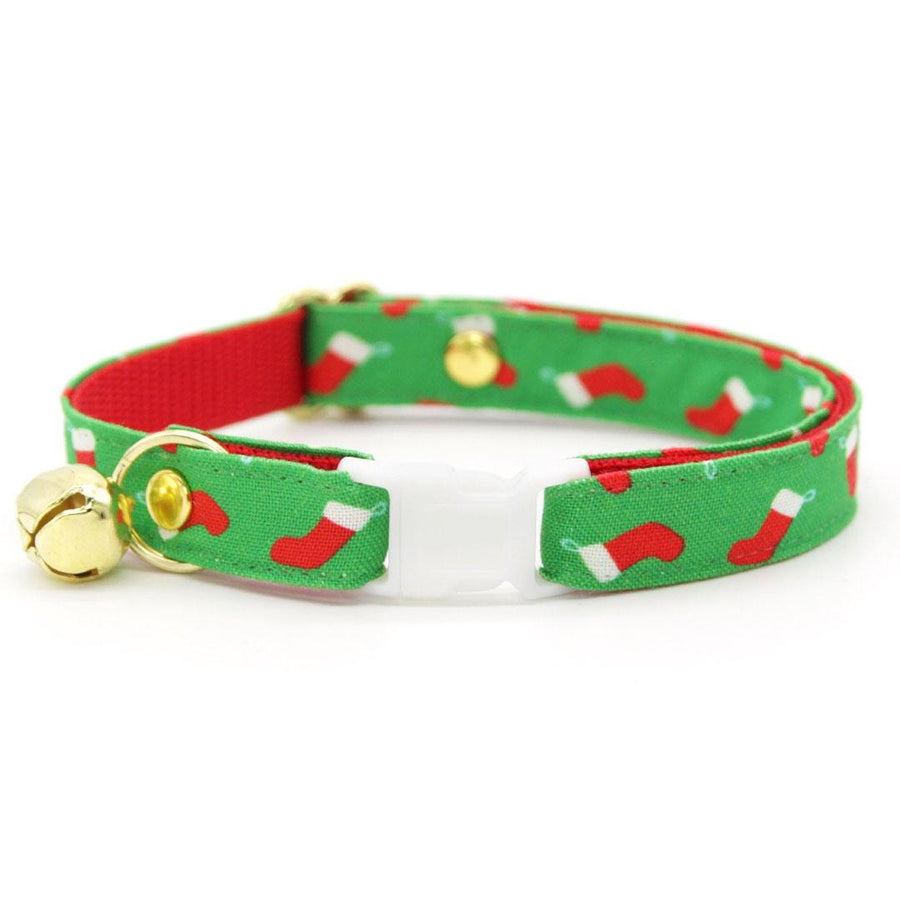 Holiday Cat Collar - "Christmas Stockings" - Red Socks on Green Cat Collar / Breakaway Buckle or Non-Breakaway / Cat, Kitten + Small Dog Sizes