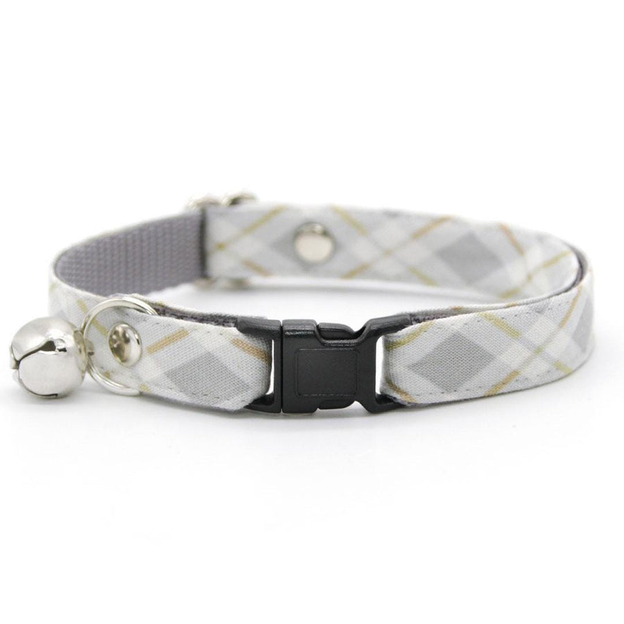 Gray Cat Collar - "Earl Grey" - Light Gray Plaid Cat Collar / Winter, Neutral / Breakaway Buckle or Non-Breakaway / Cat, Kitten + Small Dog Sizes