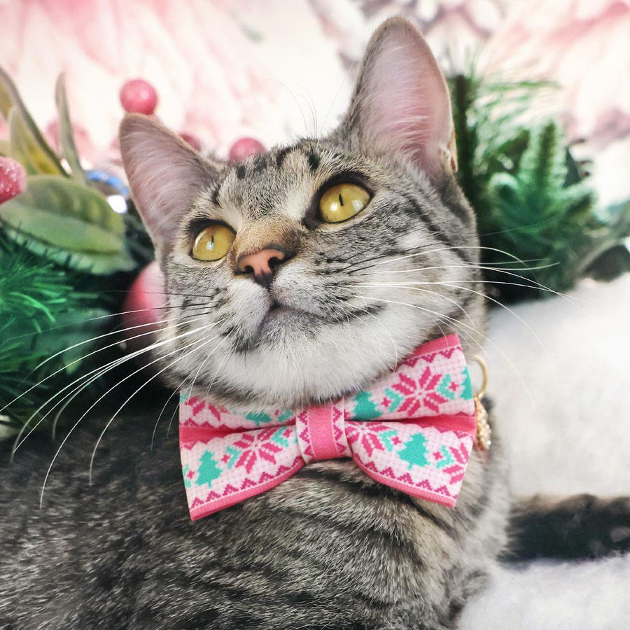 Bow Tie Cat Collar Set - "Fair Isle - Pink" - Winter Sweater Cat Collar with Bow Tie / Alpine Holiday, Ski, Nordic / Cat, Kitten, Small Dog Sizes