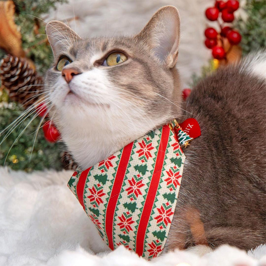 Holiday Cat Bandana - "Fair Isle - Christmas" - Red & Green Nordic Bandana for Cat + Small Dog / Alpine Ski Sweater / Slide-on Bandana