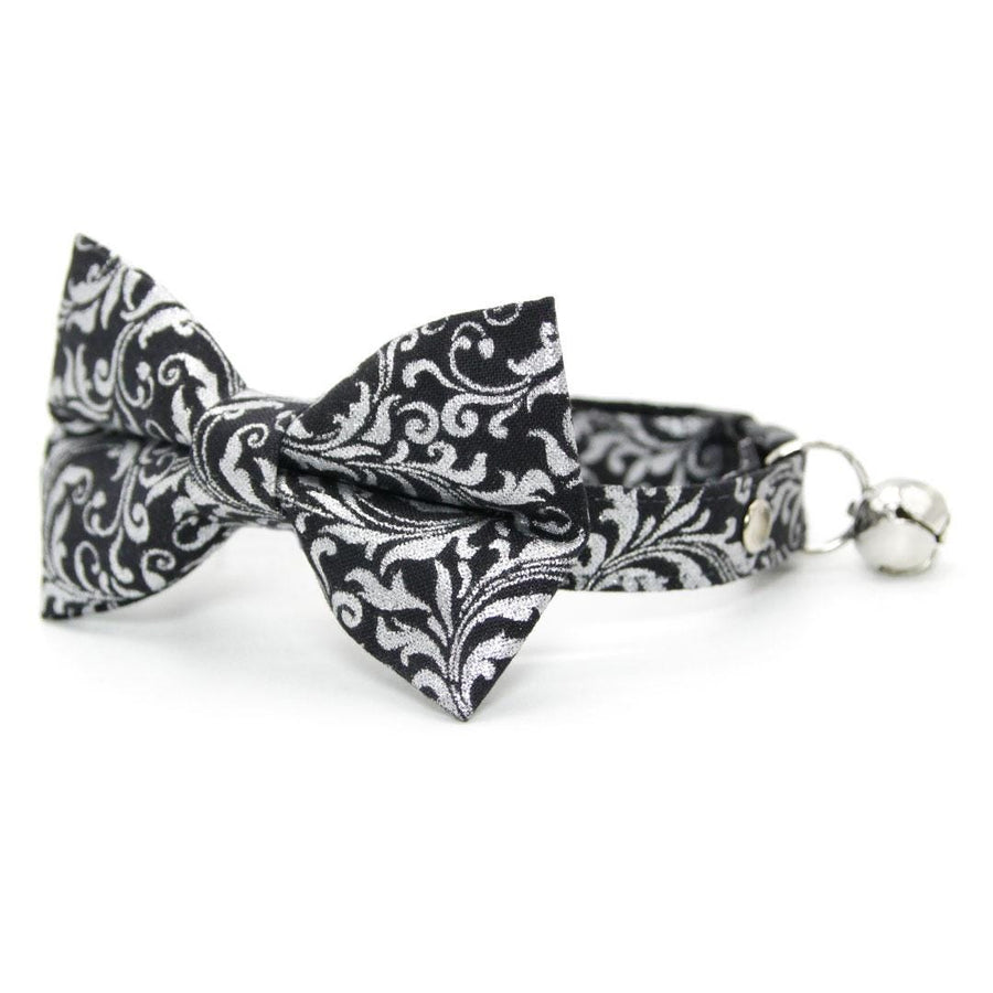 Regal Bow Tie Cat Collar Set - "Royal Sterling" - Silver & Black Cat Collar with Bow Tie / Wedding, Medieval, Victorian, New Year / Cat, Kitten, Small Dog Sizes