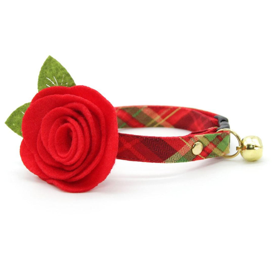 Cat Collar + Flower Set - "Cranberry Clove" - Red Holiday Plaid Cat Collar w/ Scarlet Felt Flower (Detachable) / Cat, Kitten + Small Dog Sizes