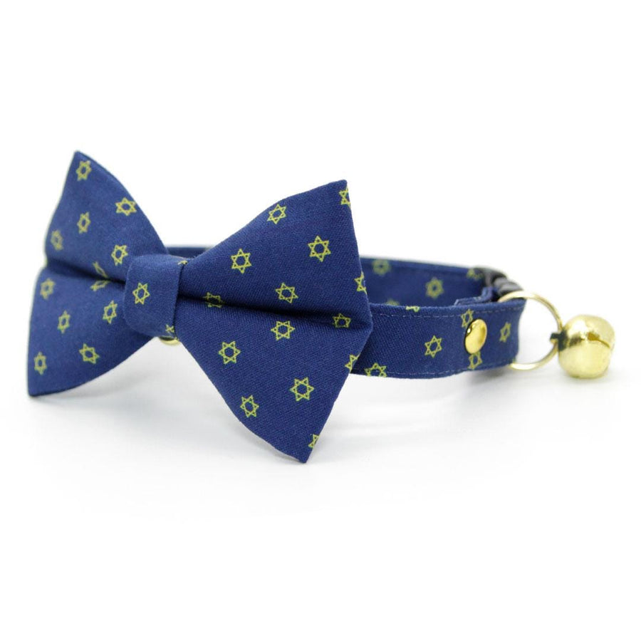 Bow Tie Cat Collar Set - "Star of David - Gold & Blue" - Jewish Cat Collar with Bow Tie / Yom Kippur, Passover, Hanukkah, Chanukah / Cat, Kitten, Small Dog Sizes