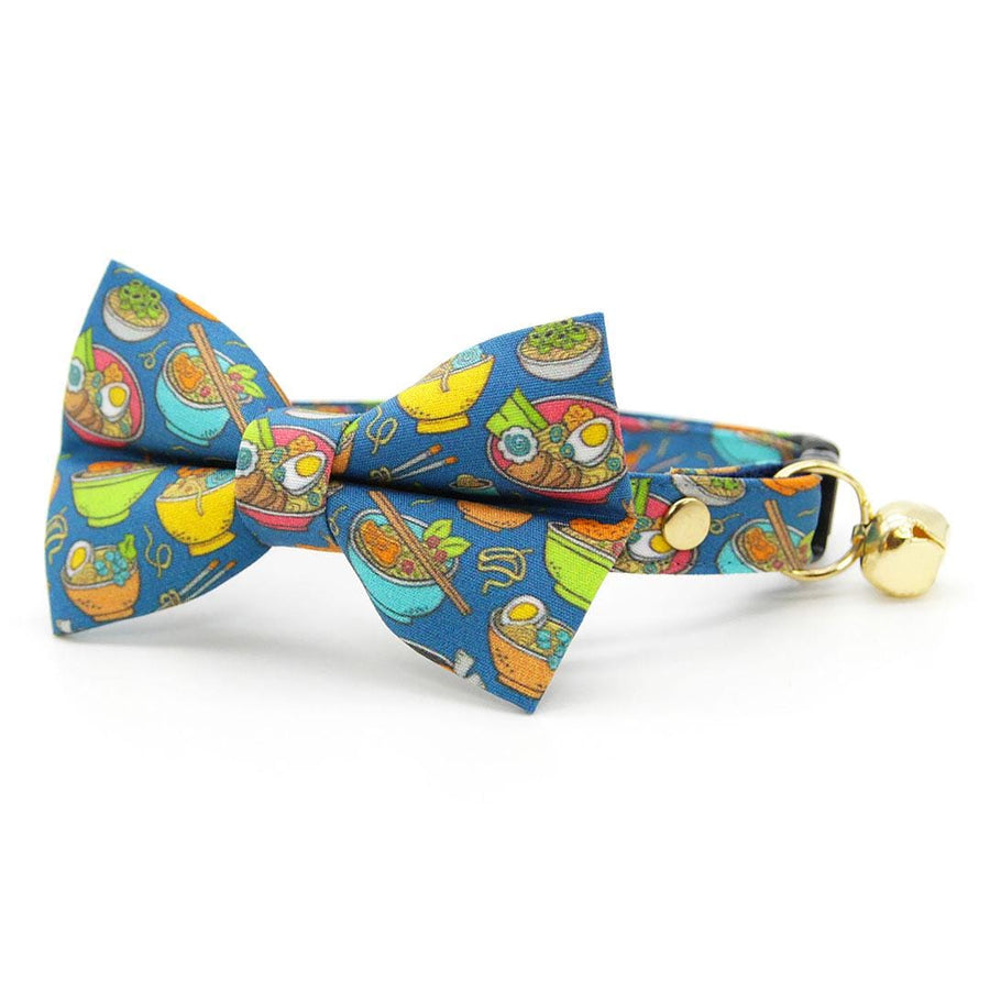 Ramen Bow Tie + Cat Collar Set - "Ramen Love - Blue" - Noodles Cat Collar with Bow Tie / Food, Fun, Asian / Cat, Kitten, Small Dog Sizes