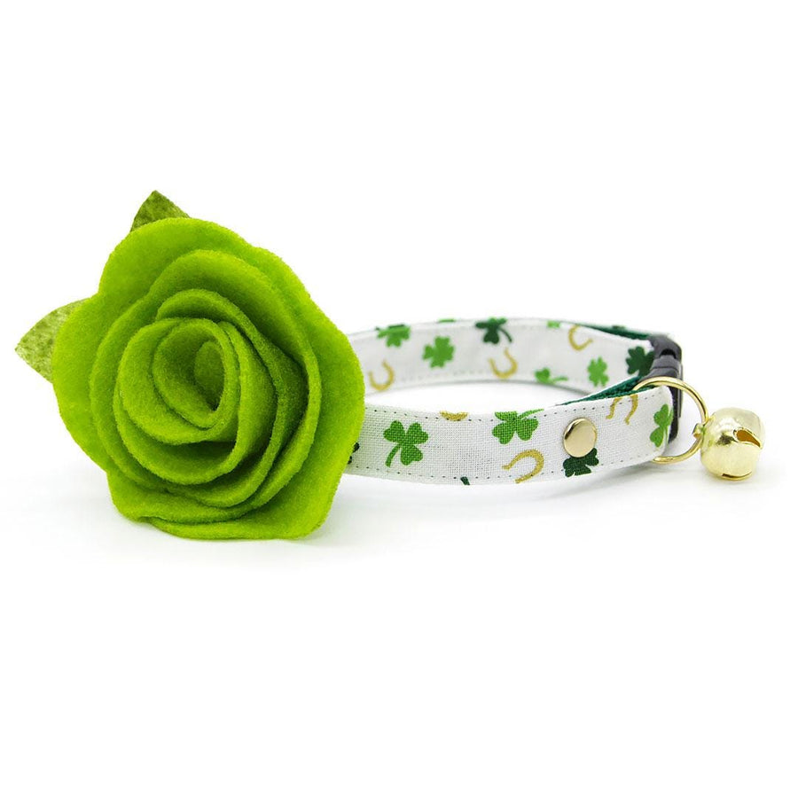 St. Patrick's Day Cat Collar + Flower Set - "Lucky Horseshoes" - Shamrock Cat Collar w/ Leaf Green Felt Flower (Detachable) / Cat, Kitten + Small Dog Sizes