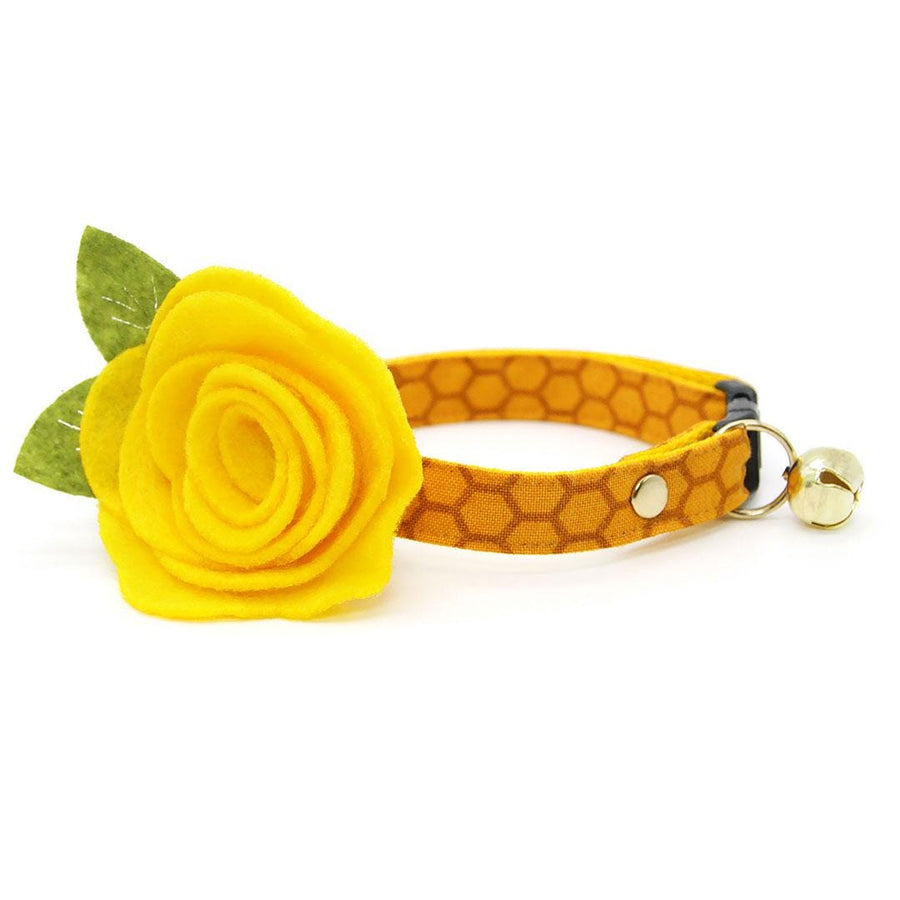 Honey Cat Collar + Flower Set - "Honeycomb" - Golden Yellow Cat Collar w/ Buttercup Felt Flower (Detachable) / Cat, Kitten + Small Dog Sizes