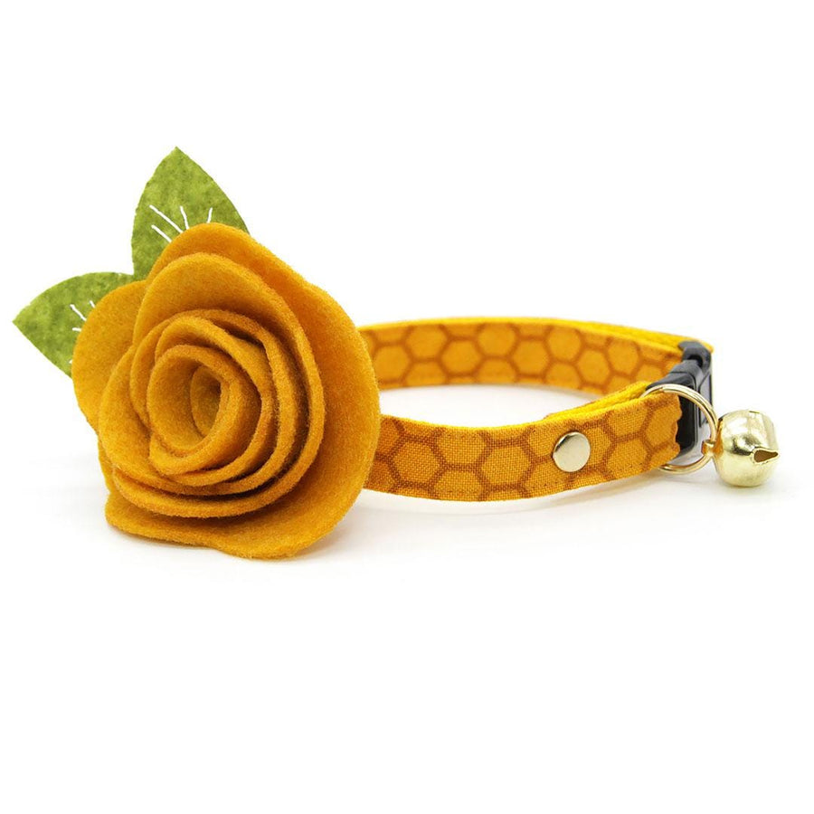 Honey Cat Collar + Flower Set - "Honeycomb" - Golden Yellow Cat Collar w/ Mustard Felt Flower (Detachable) / Cat, Kitten + Small Dog Sizes