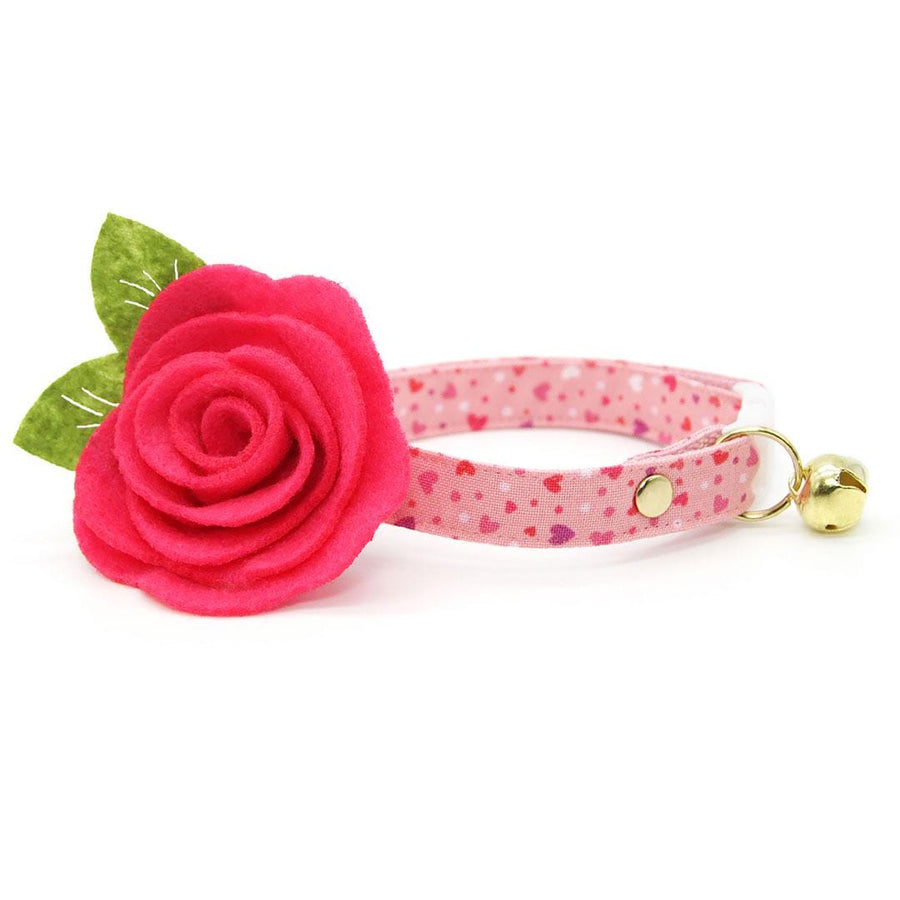 Heart Cat Collar + Flower Set - "Cupid Confetti" - Cute Cat Collar w/ Fuchsia Pink Felt Flower (Detachable) / Valentine's Day / Cat, Kitten + Small Dog Sizes