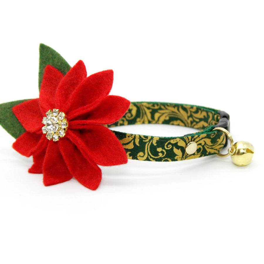 Cat Collar + Flower Set - "Royal Emerald" - Green & Gold Regal Cat Collar + Specialty Christmas Red Poinsettia Felt Flower (Detachable)