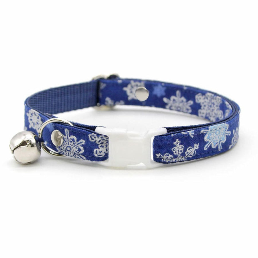 Winter Cat Collar - "Shimmering Snowflakes - Blue" - Metallic Silver & Blue Cat Collar / Solstice / Breakaway Buckle or Non-Breakaway / Cat, Kitten + Small Dog Sizes