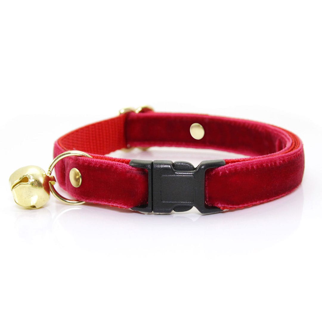 Red Velvet Cat Collar - "Velvet - Garnet Red" - Holiday, Christmas, Wedding - Breakaway Buckle or Non-Breakaway | Cat + Small Dog Sizes
