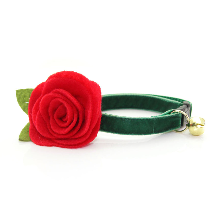 Holiday Cat Collar + Flower Set - "Velvet - Hunter Green" - Dark Green Velvet Cat Collar w/ Scarlet Red Felt Flower (Detachable) / Breakaway or Non-Breakaway